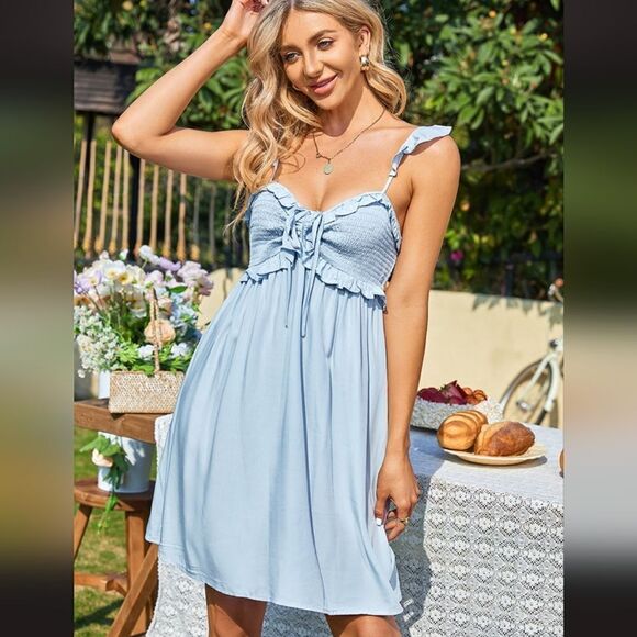 Blue Short Tie Frill A-Shape Dress NWT - Picture 1 of 3